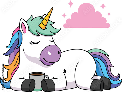 Cartoon unicorn drinking coffee, peaceful fantasy creature, multicolor mane, golden horn, dreamy cloud background, cute vector artwork, magical morning vibe