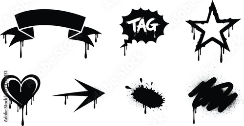 Set of black graffiti spray paint elements and shapes.