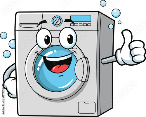 Cartoon washing machine character, smiling appliance illustration, thumbs up gesture, soap bubbles, clean laundry concept, vector artwork, household design