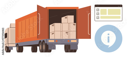 Semi-truck unloading cardboard boxes with an open trailer. Digital interface and info icon nearby. Ideal for logistics, supply chain, shipping, freight transport, inventory, technology, simple flat
