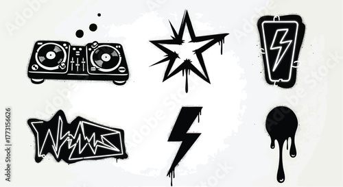 Set of graffiti style black and white icons with music and urban elements.