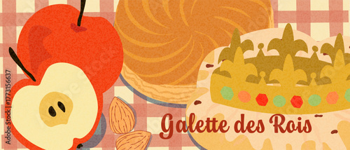 Rustic Galette des Rois background in minimalist style with golden crown, apples, almonds on a checkered tablecloth. For Horizontal Poster, Epiphany cards, bakery packaging, French pastry branding.