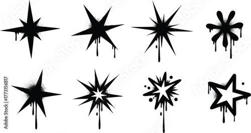 Black starburst graffiti art collection with dripping paint effect on white background.