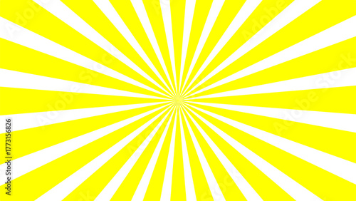 A vibrant yellow and white sunburst background with radiating stripes emanating from the center.