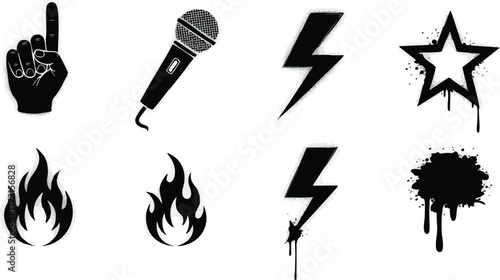 Set of monochrome rock music and graffiti style icons.