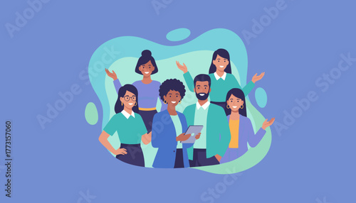 Diverse team of six smiling professionals in a modern business illustration representing collaboration