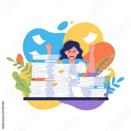 Overwhelmed businesswoman yells buried in mountains of office paperwork and excessive workload