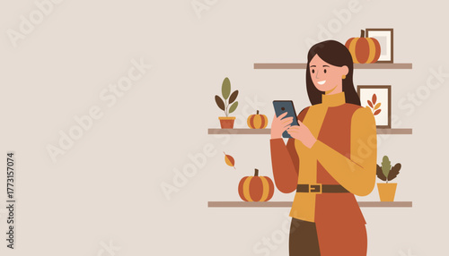 Autumn lifestyle illustration woman checks phone near seasonal home decor