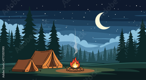 Night camping scene with tents, campfire, forest, and crescent moon.