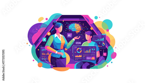 AI business strategy development with data analysis and brain connectivity illustration