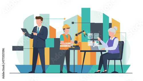 Team managing smart industry with robotic arms data analysis and digital technology