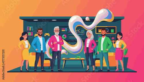 Team collaboration illustration featuring diverse professionals in a vibrant futuristic creative office