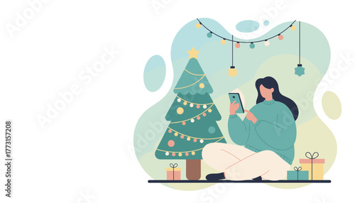 Festive woman scrolls phone next to Christmas tree and presents Holiday digital communication