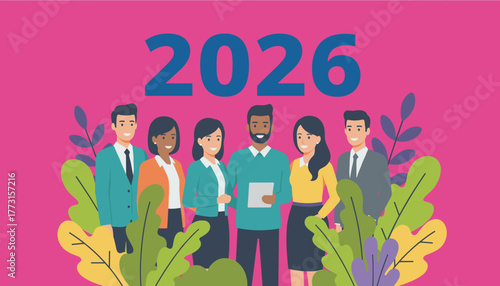 Diverse professional team standing under 2026 Future planning and business collaboration