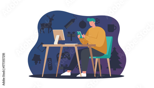 Young man using smartphone and computer at home office during the winter holidays Christmas illustration
