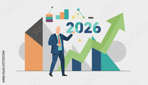 Business success forecast 2026 Executive with growing chart and data presentation illustration