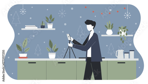Man records video content with a smartphone and tripod in a modern holidaydecorated interior