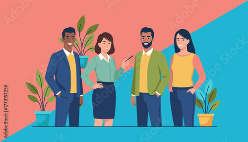 Professional diverse business team collaboration illustration with potted plants