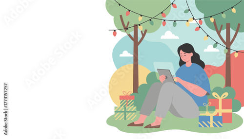 Woman using tablet outside surrounded by gifts and festive lights Online shopping concept