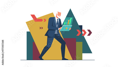 Confident senior executive analyzing data and financial growth on a tablet against an abstract background