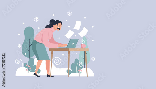 Frustrated employee working in winter dealing with overwhelming deadlines and job stress