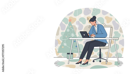 Woman stressed working on laptop during Christmas holidays Deadline pressure illustration