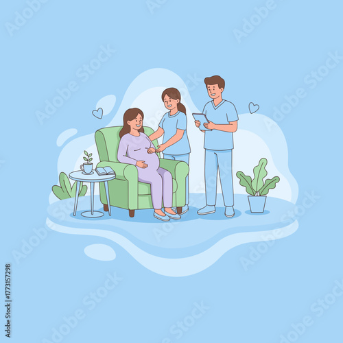 Happy pregnant woman receiving comfortable prenatal care from doctors