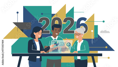 Diverse team analyzes 2026 business strategy using a transparent holographic display