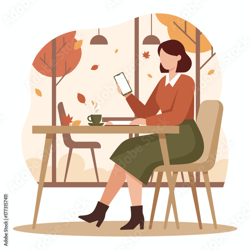 Woman using smartphone at an autumn cafe table enjoying a coffee break Cozy leisure concept