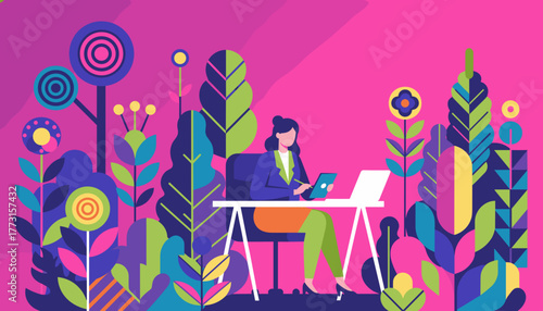 Creative professional working remotely with digital tablet amidst colorful floral illustration