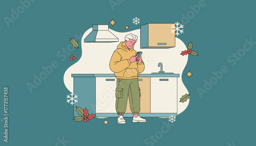 Minimalist man uses phone in modern kitchen decorated for winter holidays