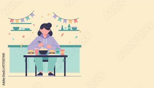 Illustration of a person enjoying fast food noodles and burgers at a casual party