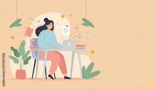 Efficient remote work concept Young woman happily using laptop at home office desk