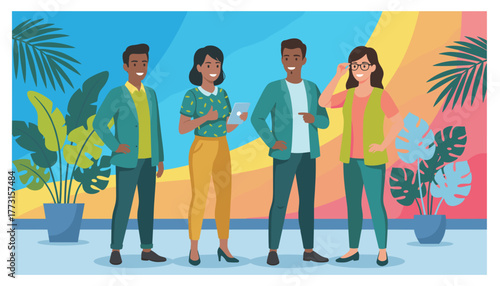 Diverse team of smiling professionals standing in a colorful modern office environment