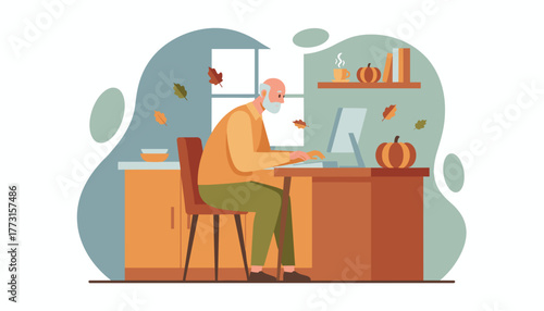 Senior man uses a desktop computer at home during the cozy autumn season