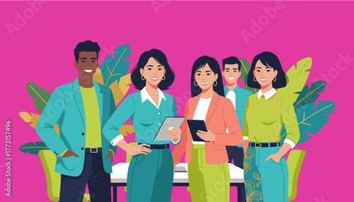 Diverse professional team stands confidently using tablets in a vibrant modern corporate setting