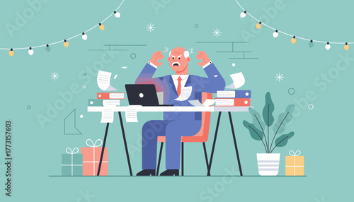 Angry businessman overwhelmed by excessive workload and stress during the busy holiday season