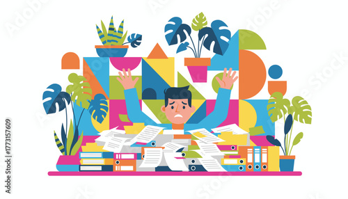 Burnout concept Stressed worker drowning in paperwork and files under huge workload