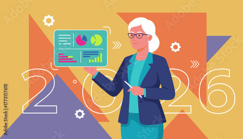 Businesswoman analyzing 2026 data dashboard for strategic planning and future projection