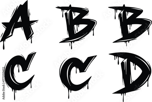Black graffiti style alphabet letters with dripping paint effect.