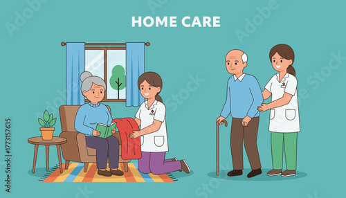 Inhome professional care nurses assist elderly couple with medical and personal support
