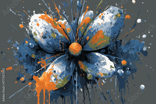 Pintura abstrata vibrante de uma flor com respingos de tinta colorida e texturas únicas.