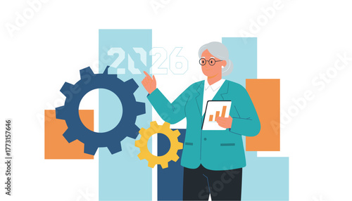 Senior businesswoman plans 2026 corporate strategy with gears and data analysis illustration