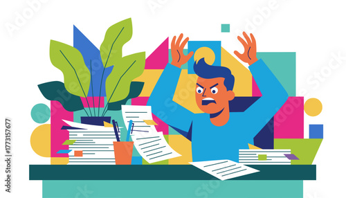 Angry man overwhelmed by office work and large piles of documents stress illustration