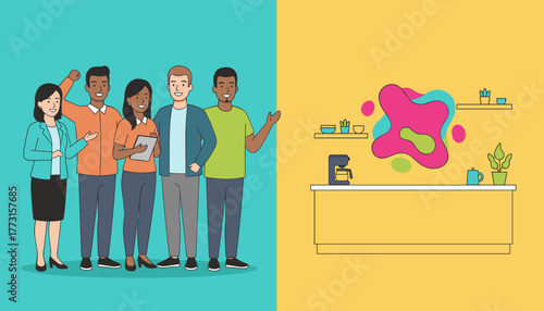 Diverse business team standing near a modern office kitchen area illustration