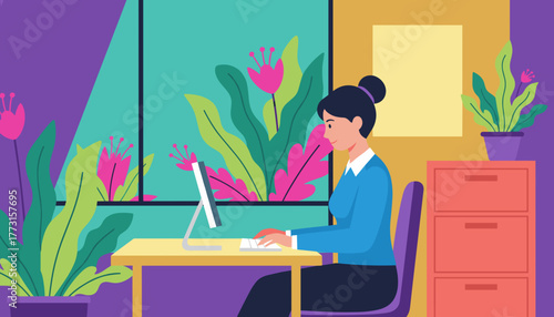 Professional woman using a desktop computer in a bright modern office with lush plants Remote work scene