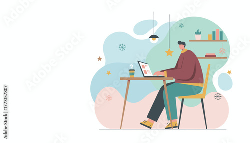 Cozy remote work Man uses a laptop at a decorated desk in a modern winter interior
