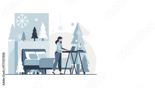 Professional woman working remotely at standing desk in winterthemed home office