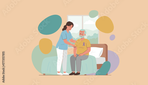 Caregiver supports elderly man with awareness ribbon in bed Senior home health and compassion