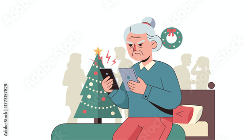 Frustrated grandma holds two phones feeling overwhelmed by noise and tech during holidays